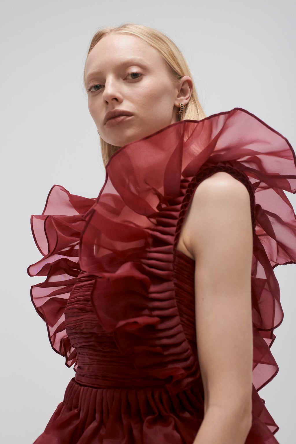Asra Pleated Frill Midi Dress