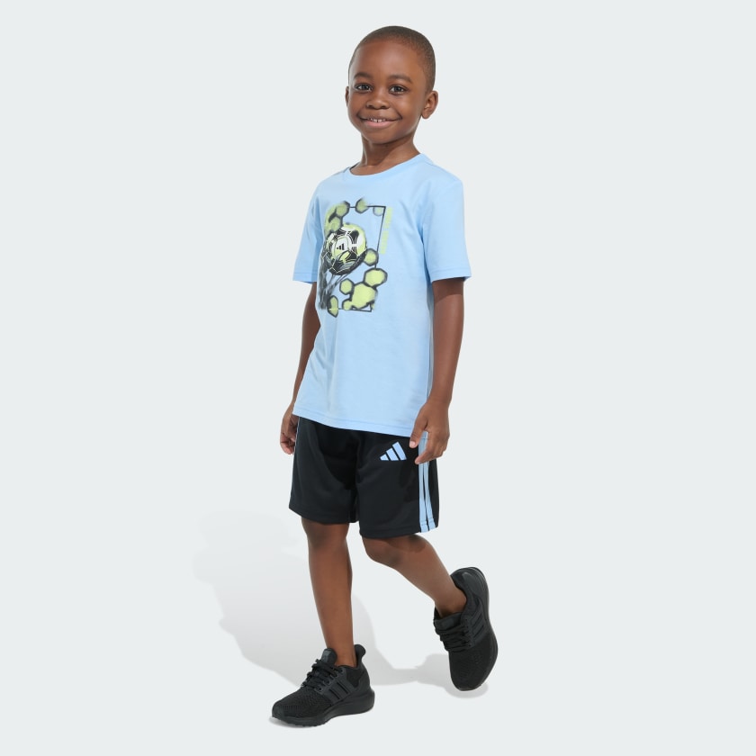 Kids' adidas Two-Piece Short Sleeve Graphic Cotton Tee and 3-Stripes Shorts Set