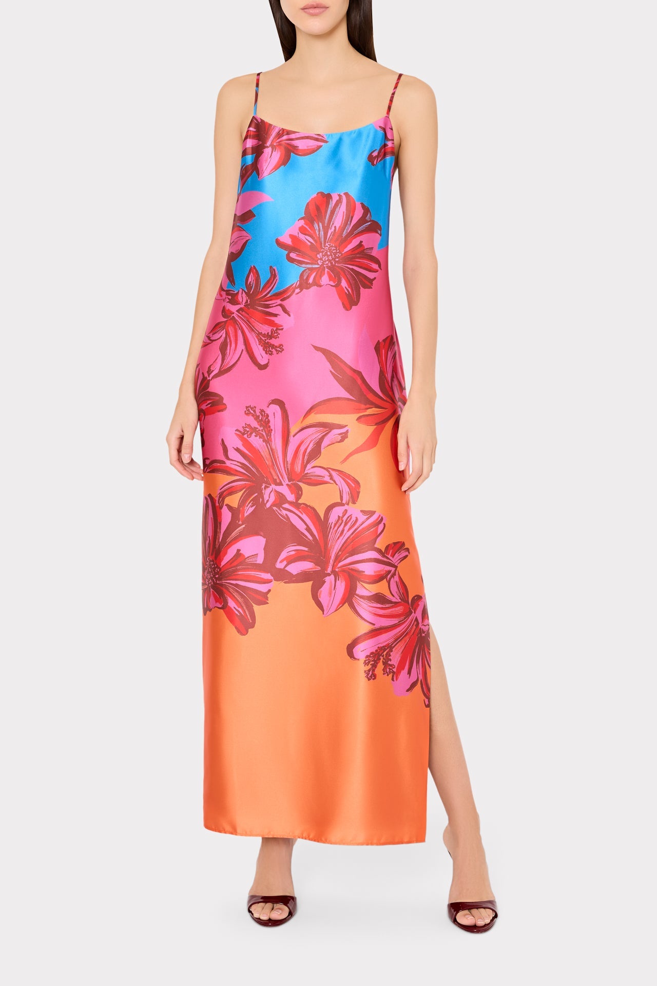 Lily Sunset Flower Printed Satin Maxi Dress