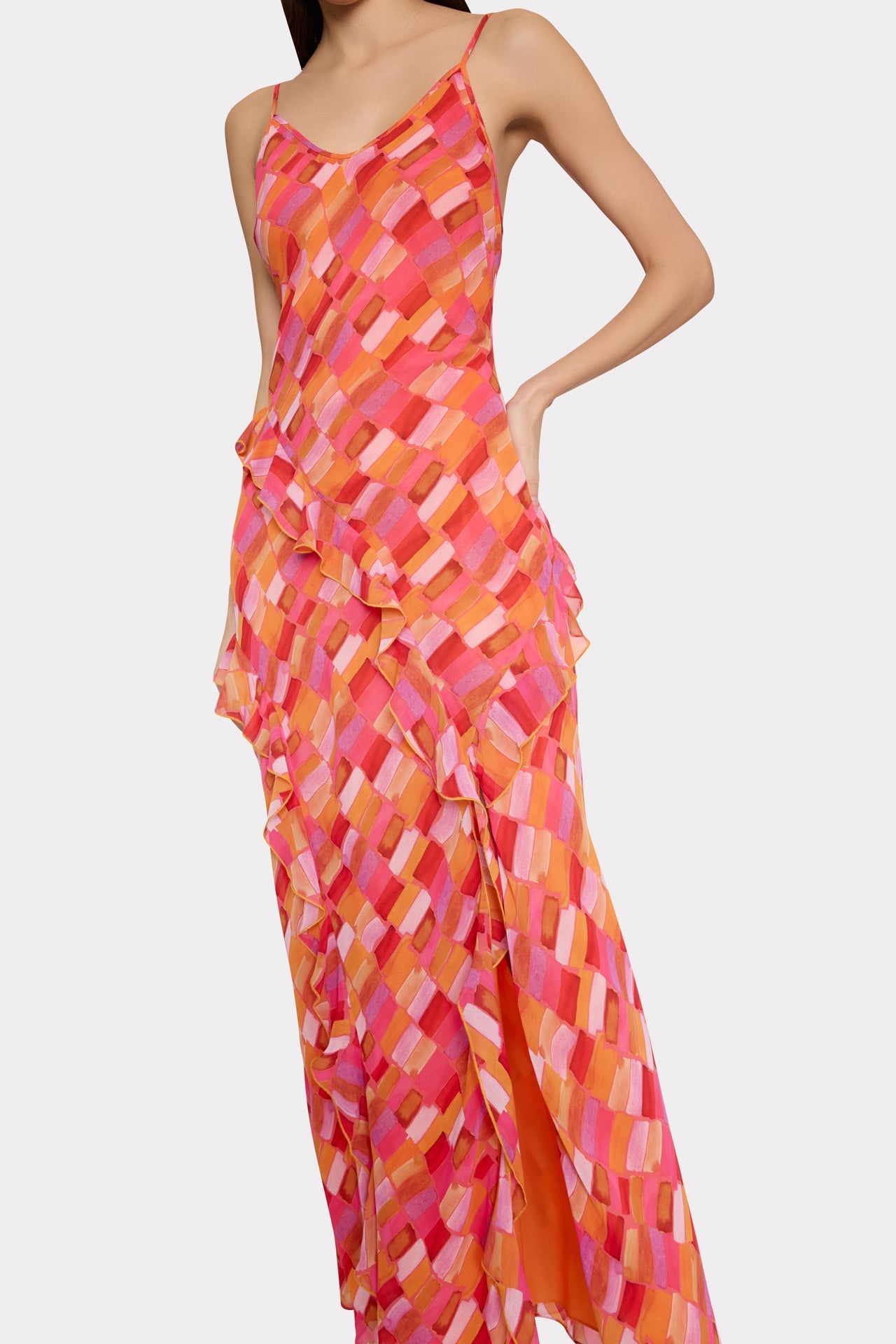 Sunset Tile Ruffle Maxi Dress