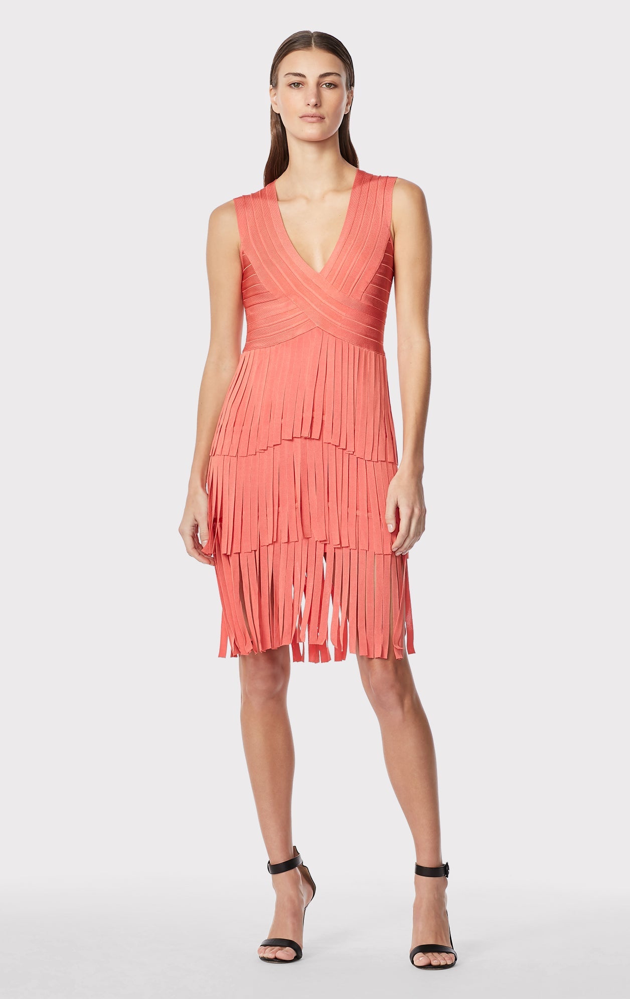 V NECK FRINGED MIDI DRESS