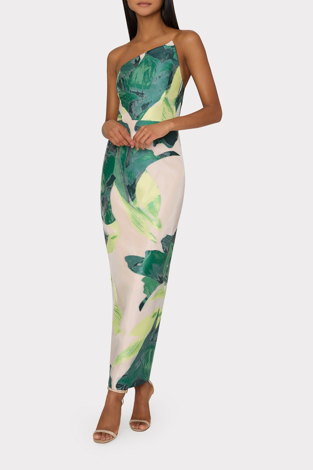 Asymetrical Tropical Forest Jacquard Midi Dress