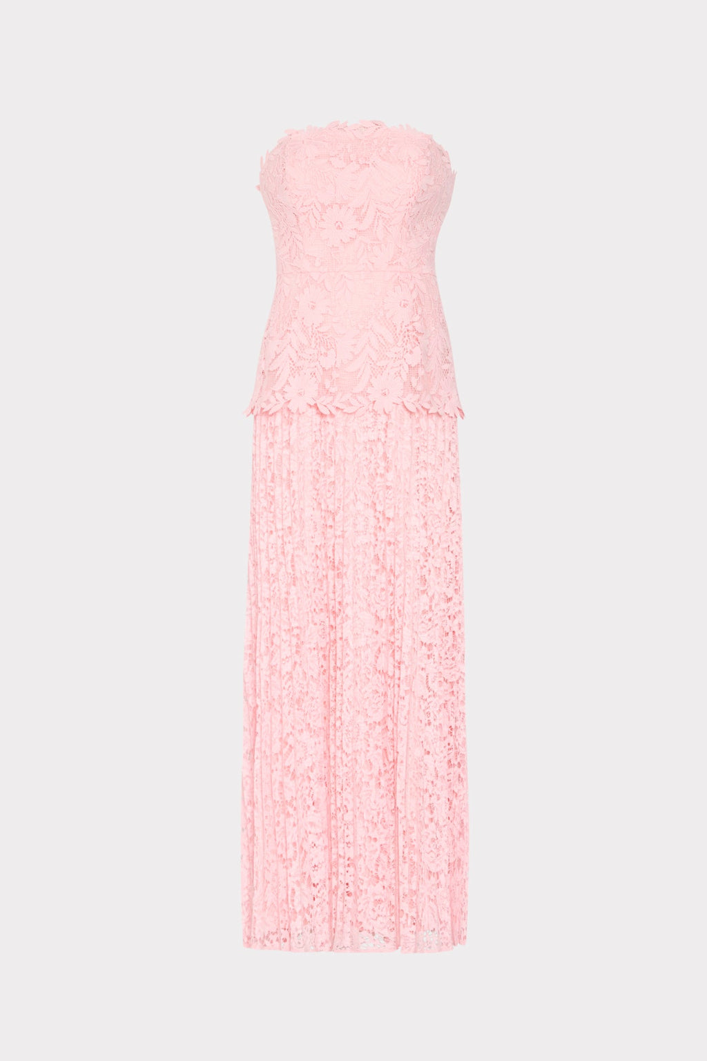 Norelle Strapless Mixed Laces Pleated Maxi Dress