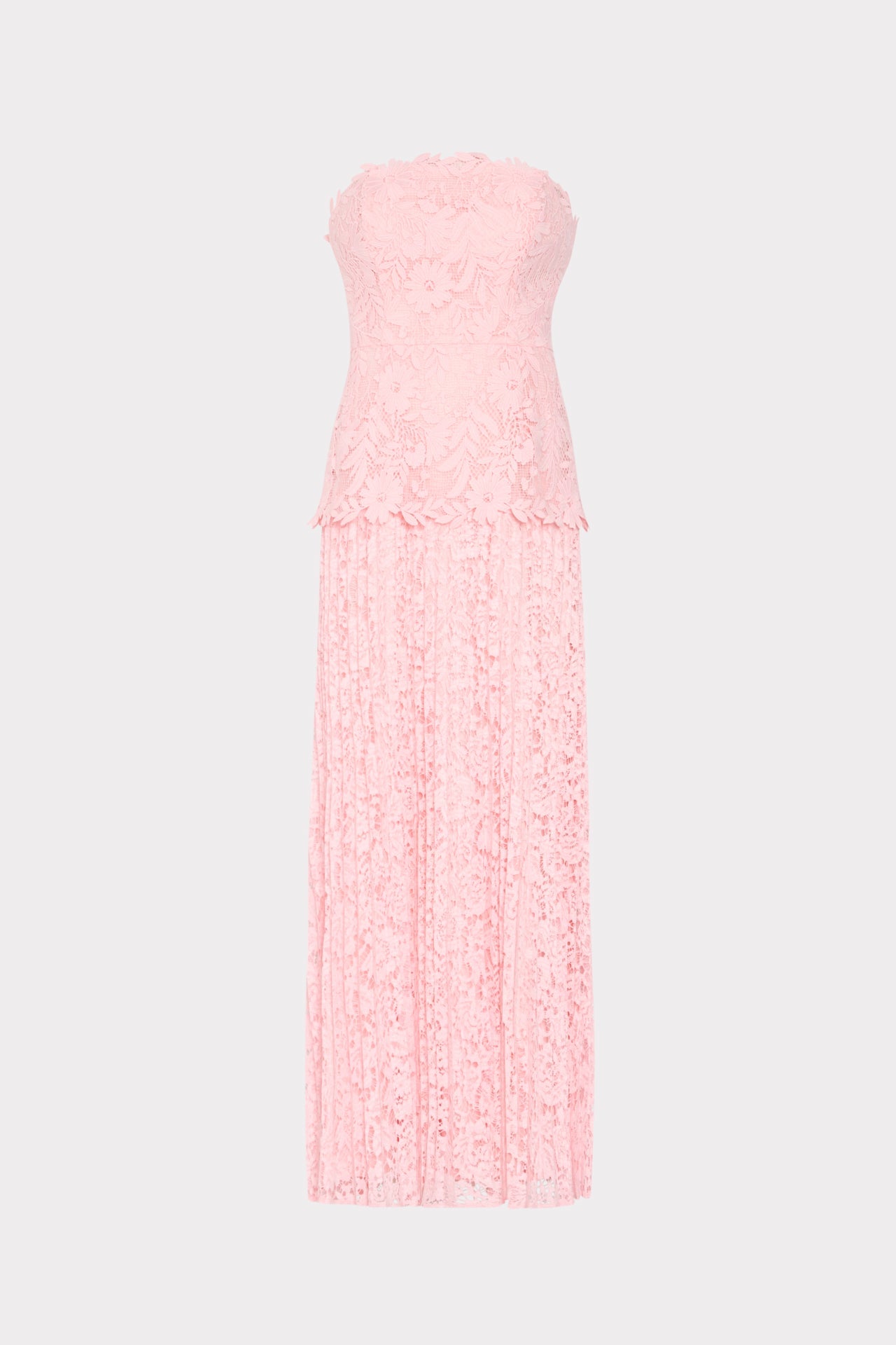 Norelle Strapless Mixed Laces Pleated Maxi Dress