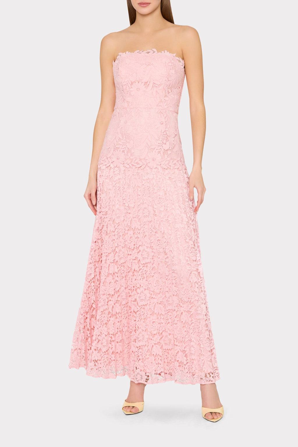 Norelle Strapless Mixed Laces Pleated Maxi Dress