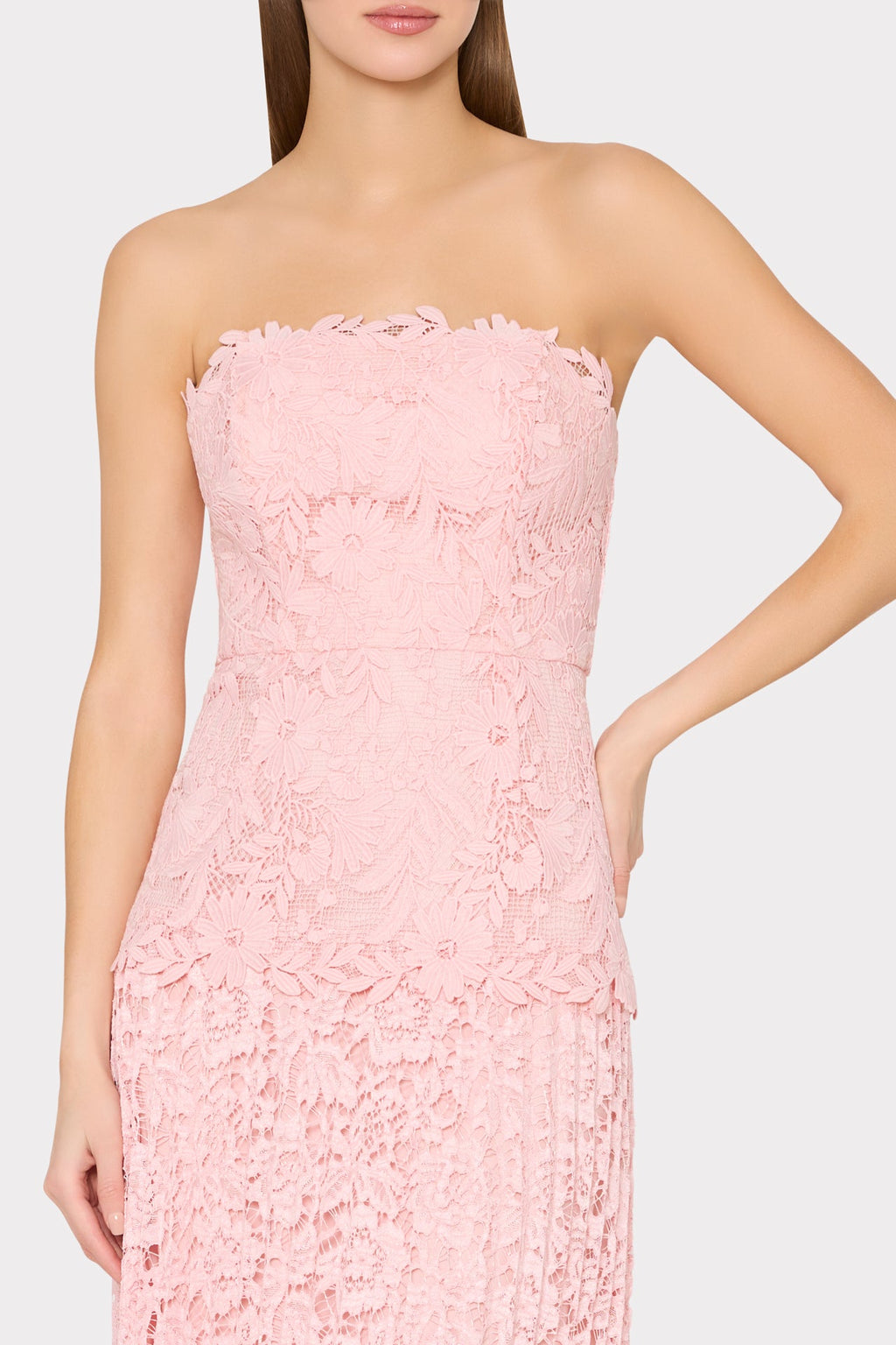 Norelle Strapless Mixed Laces Pleated Maxi Dress