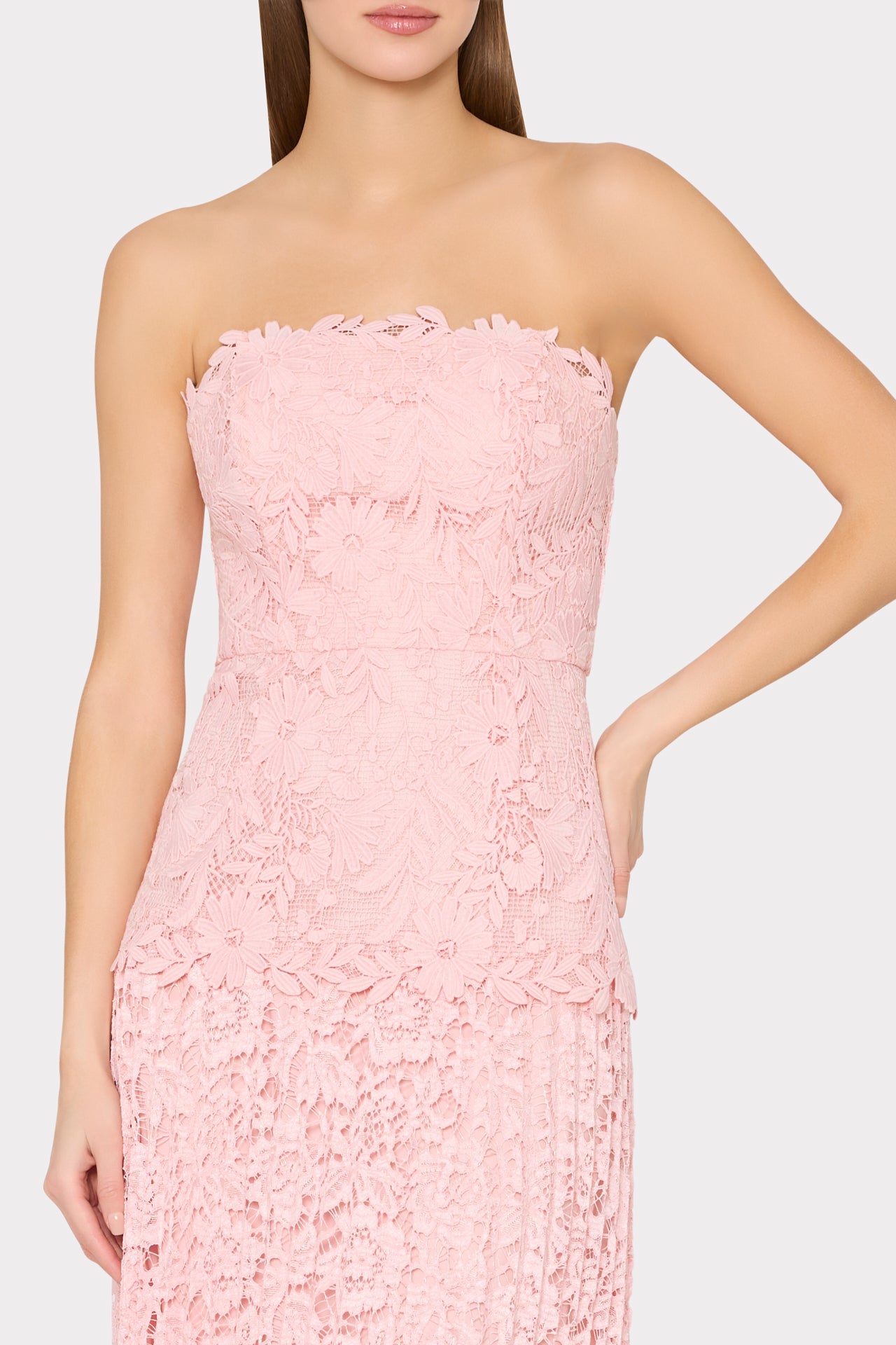 Norelle Strapless Mixed Laces Pleated Maxi Dress