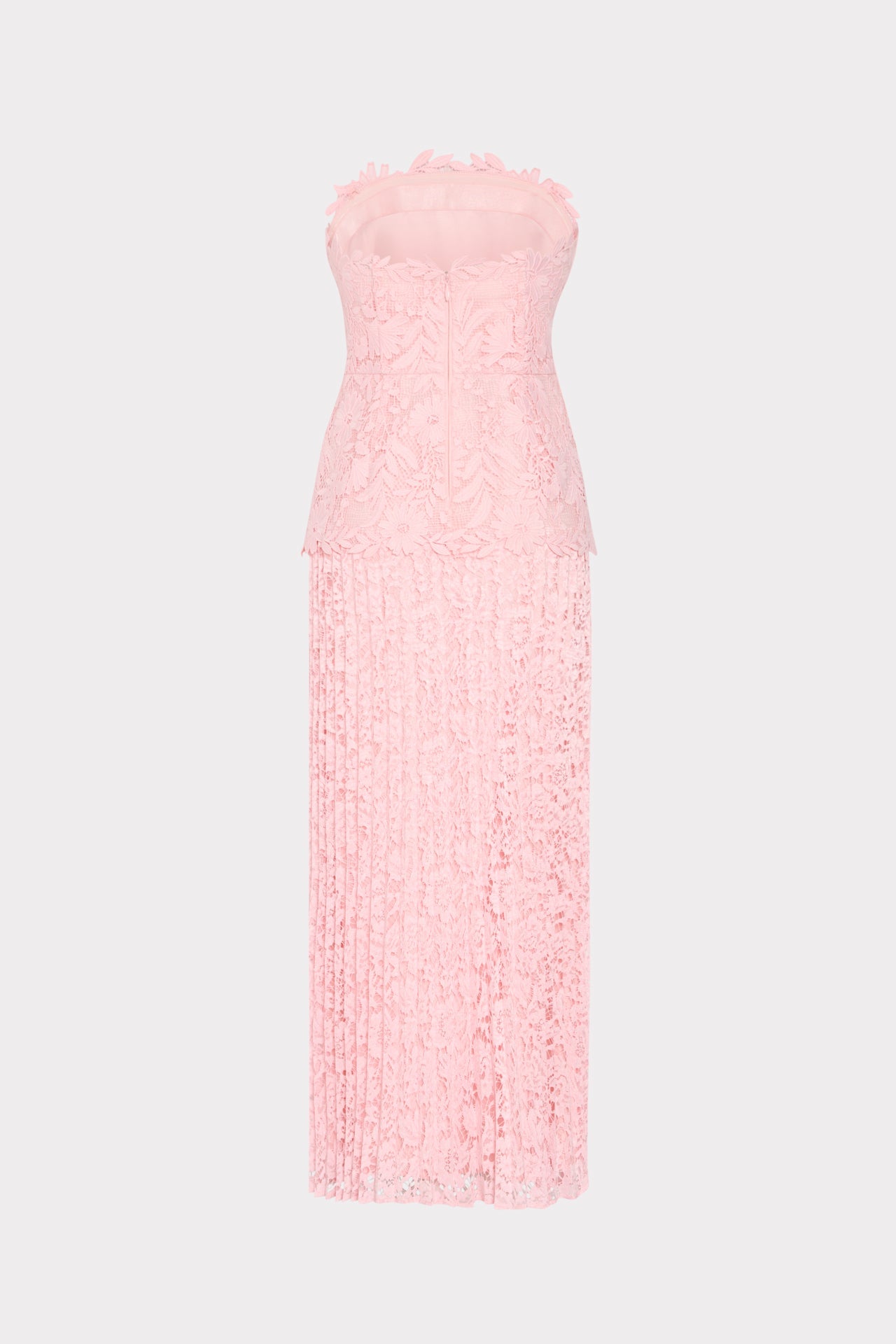 Norelle Strapless Mixed Laces Pleated Maxi Dress
