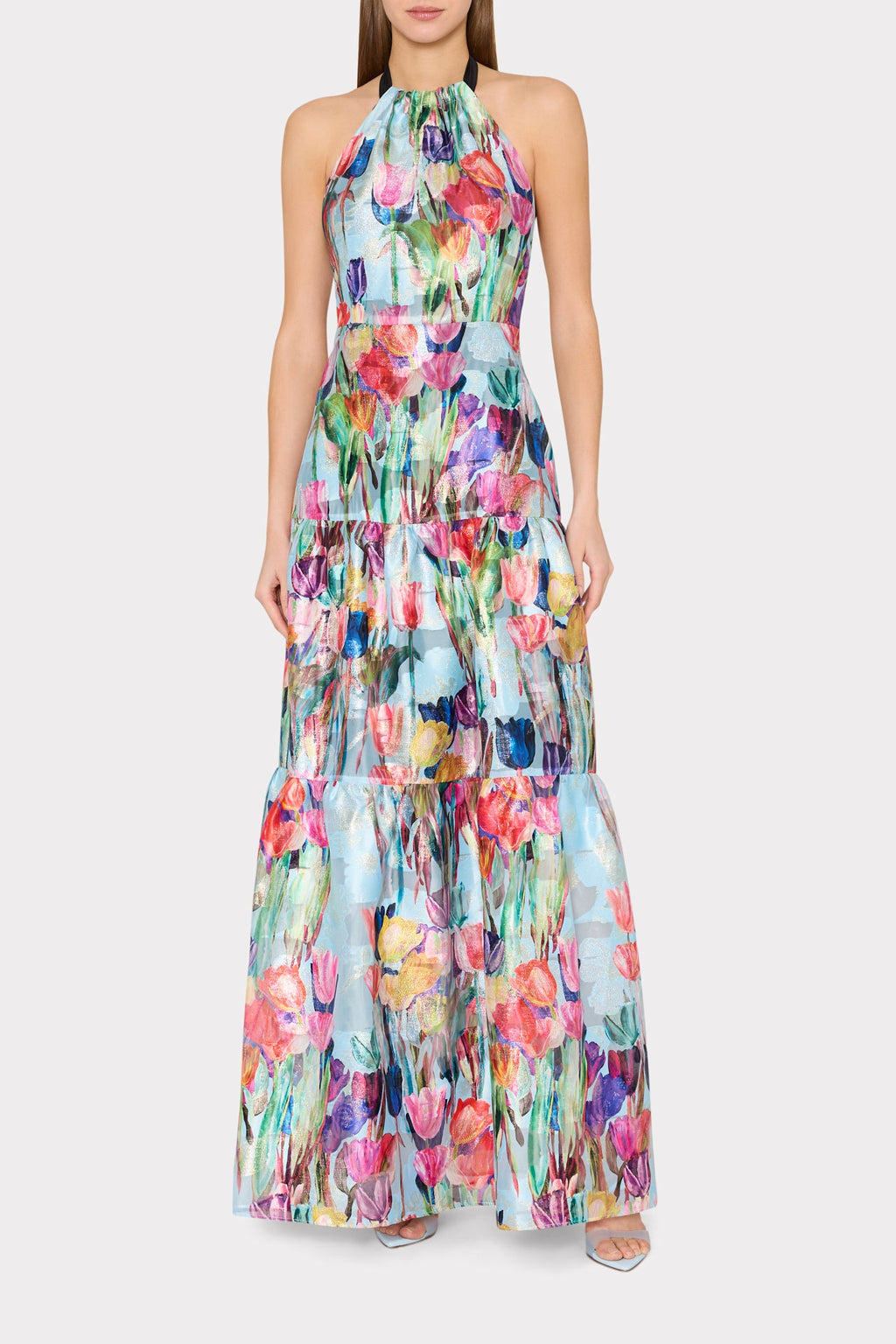 Gizelle Metallic Tulip Halter Maxi Dress