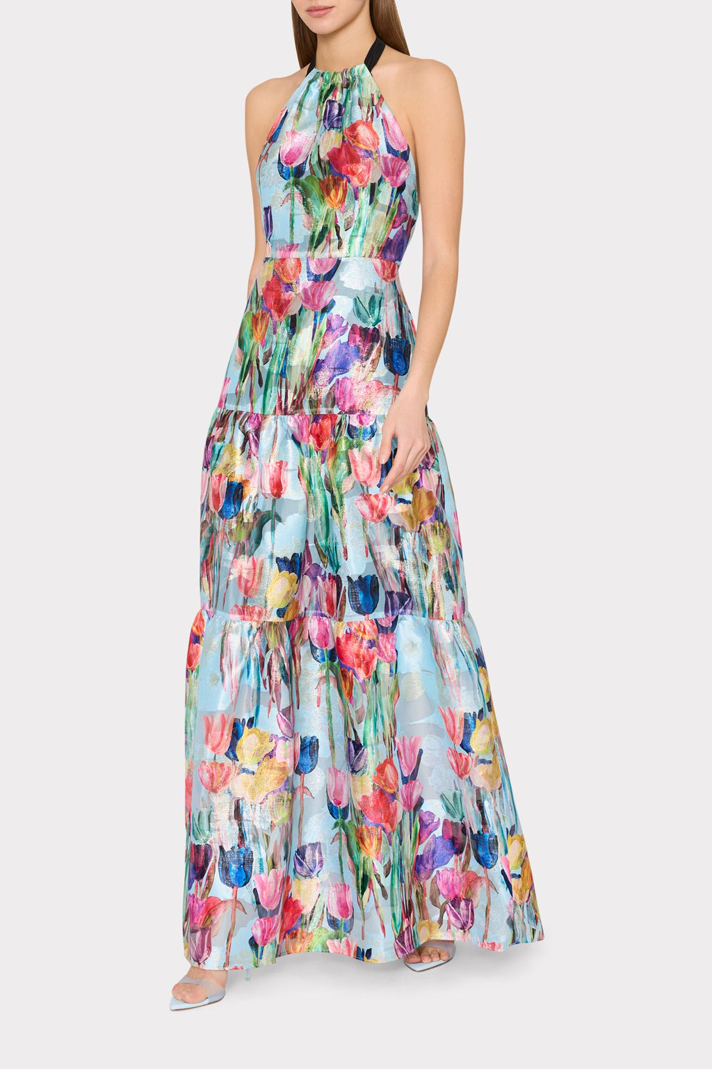 Gizelle Metallic Tulip Halter Maxi Dress