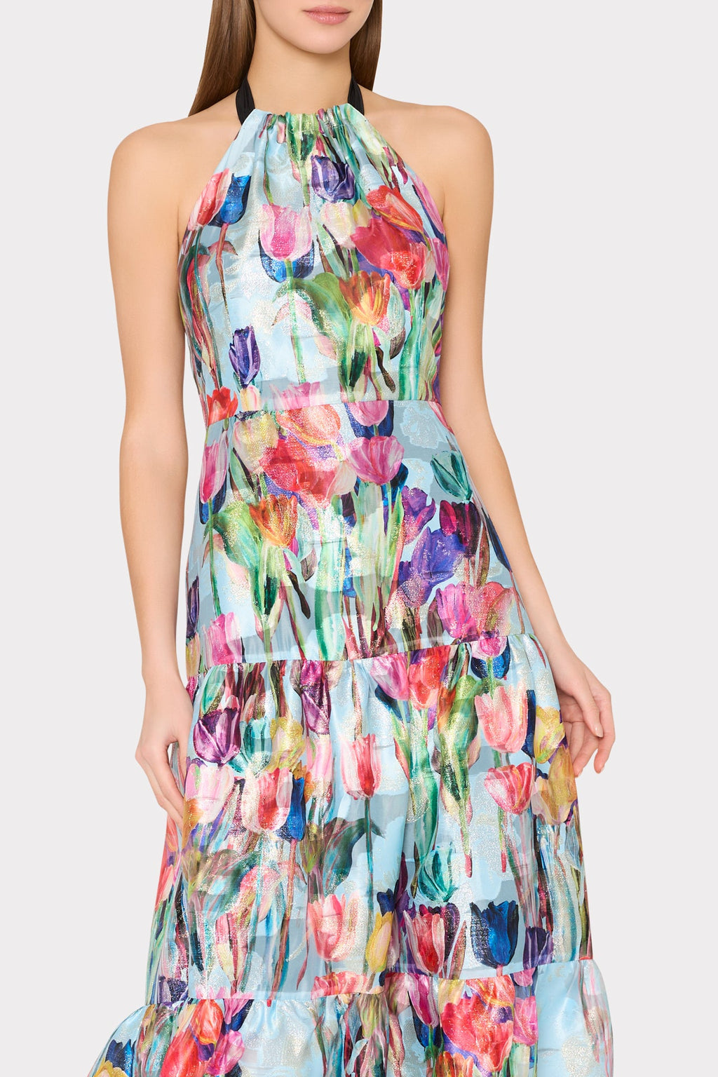 Gizelle Metallic Tulip Halter Maxi Dress
