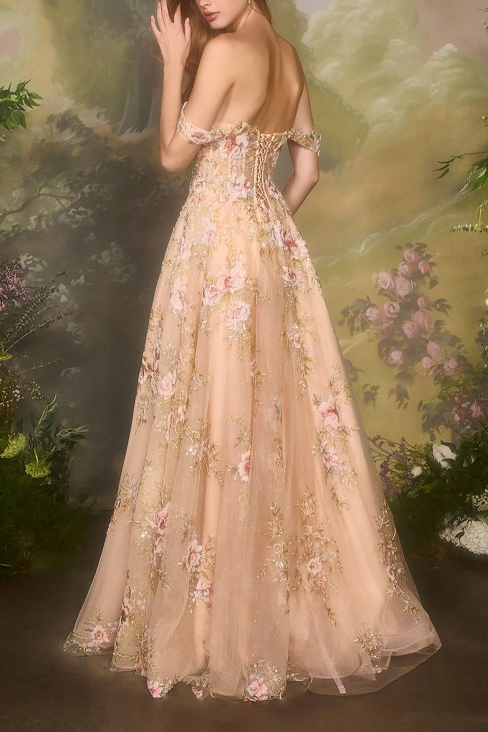 Alice | A-Line Floral Champagne Maxi Dress