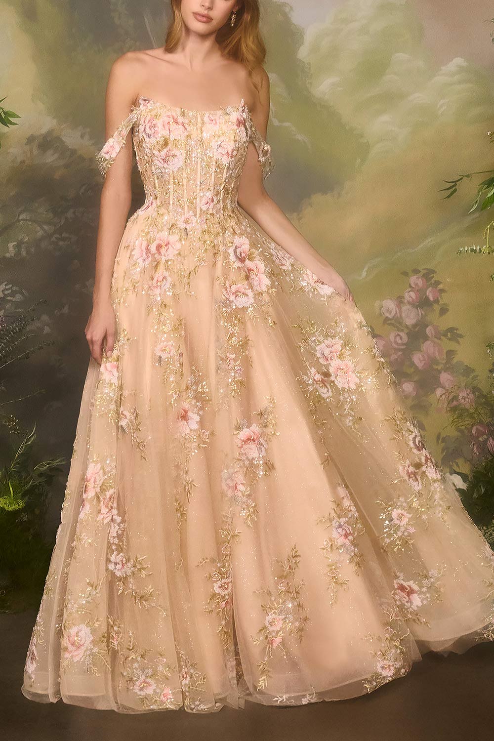 Alice | A-Line Floral Champagne Maxi Dress