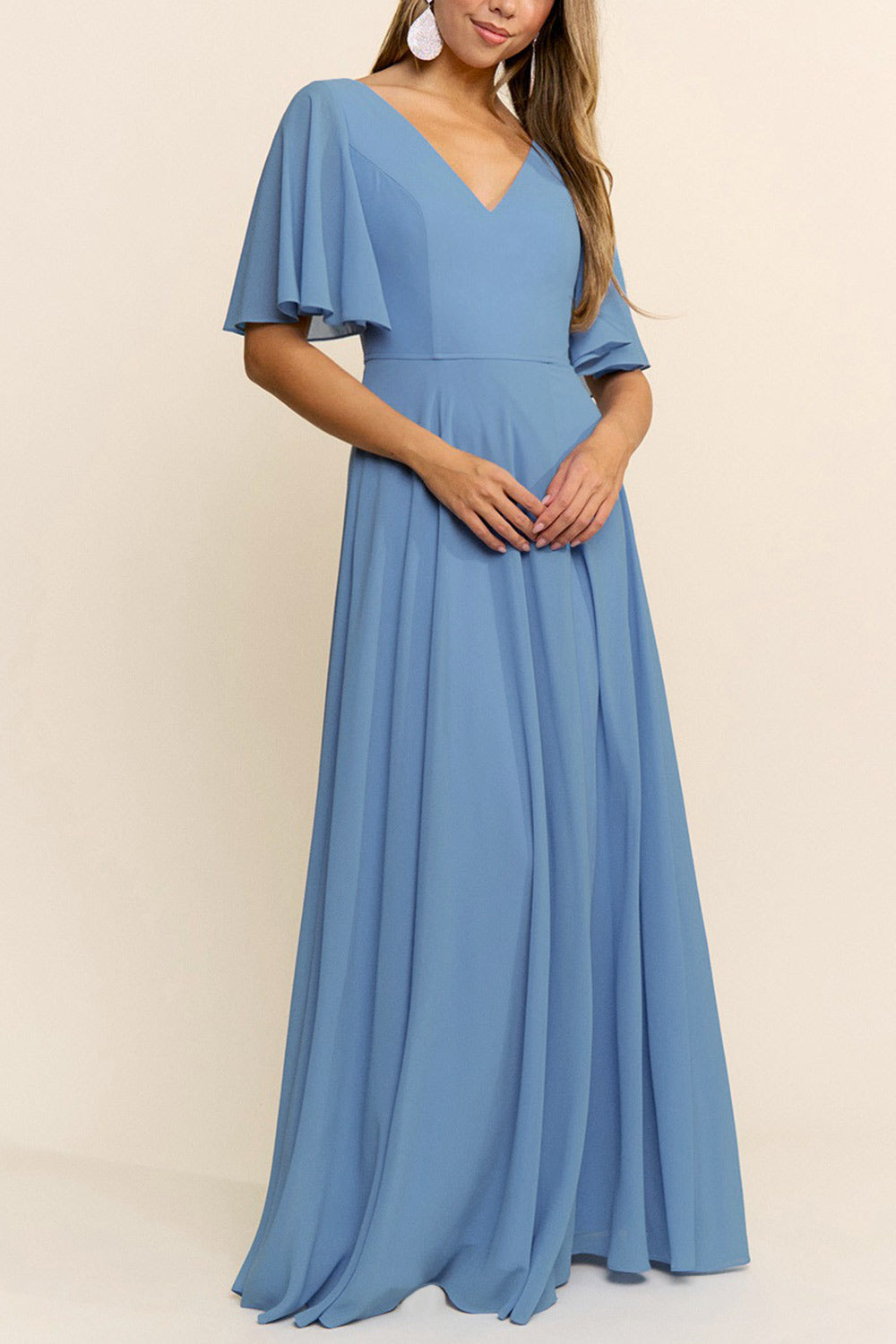 Adelphia Blue | V-Neck Chiffon Maxi Dress
