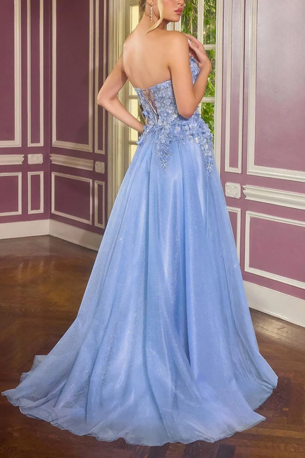Agnes Light Blue | Glitter Tulle Maxi Dress with 3D Floral Appliqué