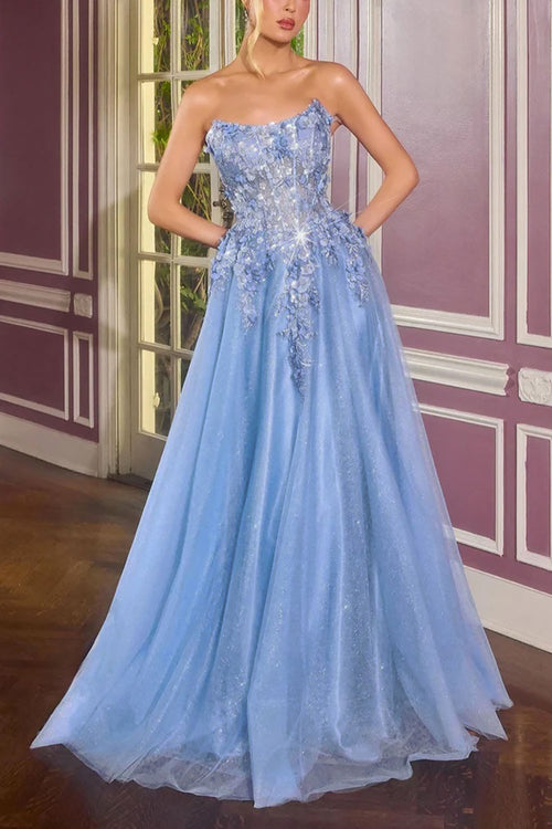 Agnes Light Blue | Glitter Tulle Maxi Dress with 3D Floral Appliqué