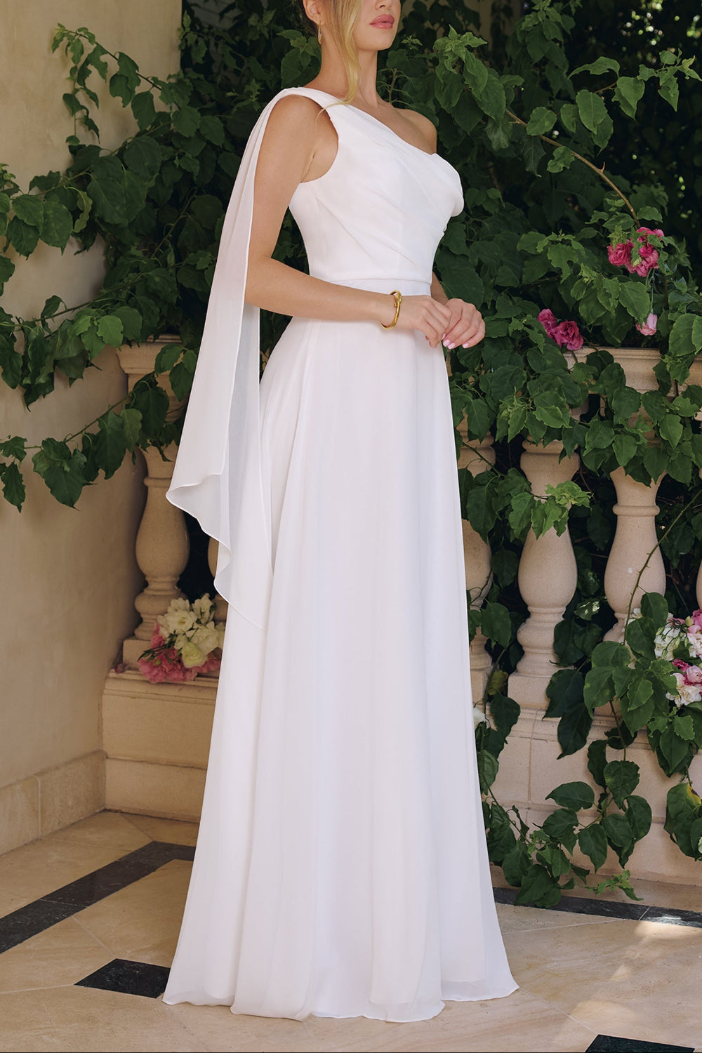 Alexandria | One-Shoulder White Maxi Wedding Dress with Cape Sleeve