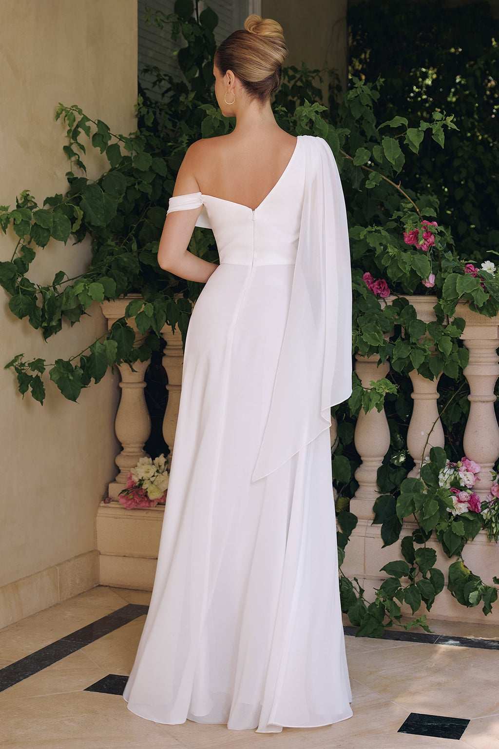 Alexandria | One-Shoulder White Maxi Wedding Dress with Cape Sleeve