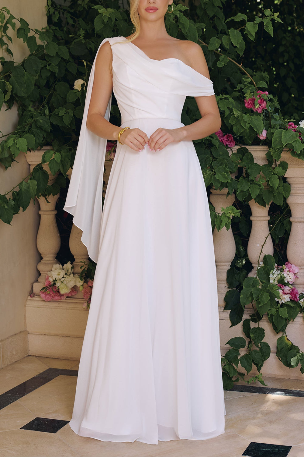 Alexandria | One-Shoulder White Maxi Wedding Dress with Cape Sleeve