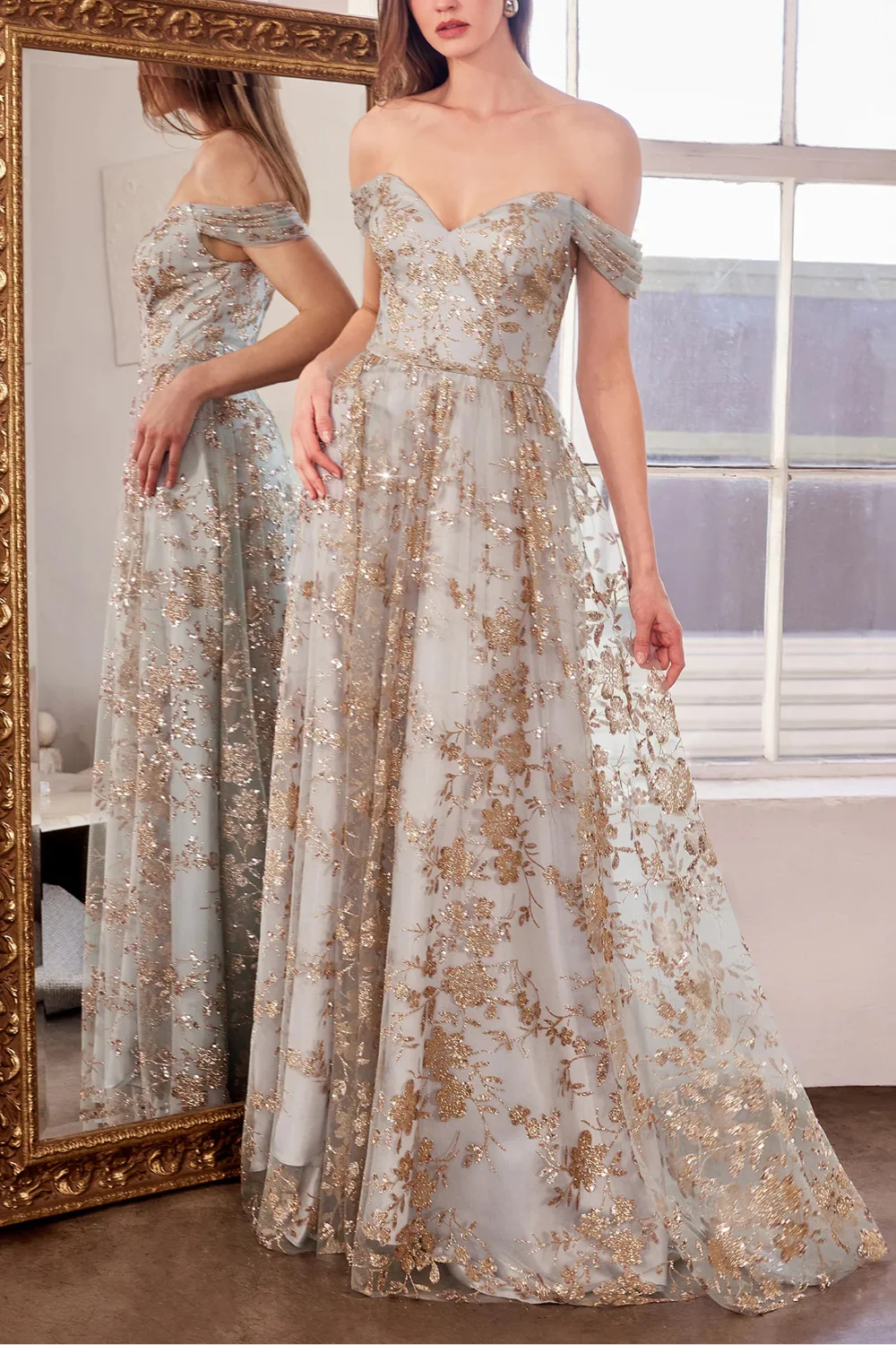 Alienor Grey | Glittery Off the Shoulder Mesh Maxi Dress