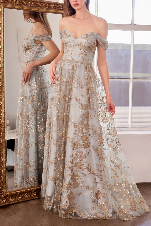 Alienor Grey | Glittery Off the Shoulder Mesh Maxi Dress