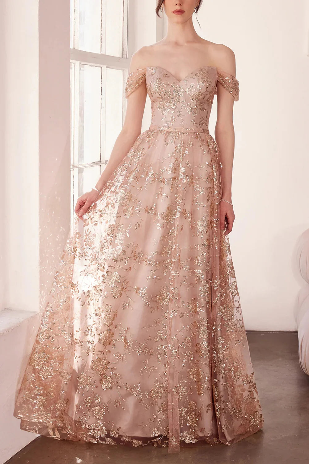 Alienor Taupe | Glittery Off the Shoulder Mesh Maxi Dress