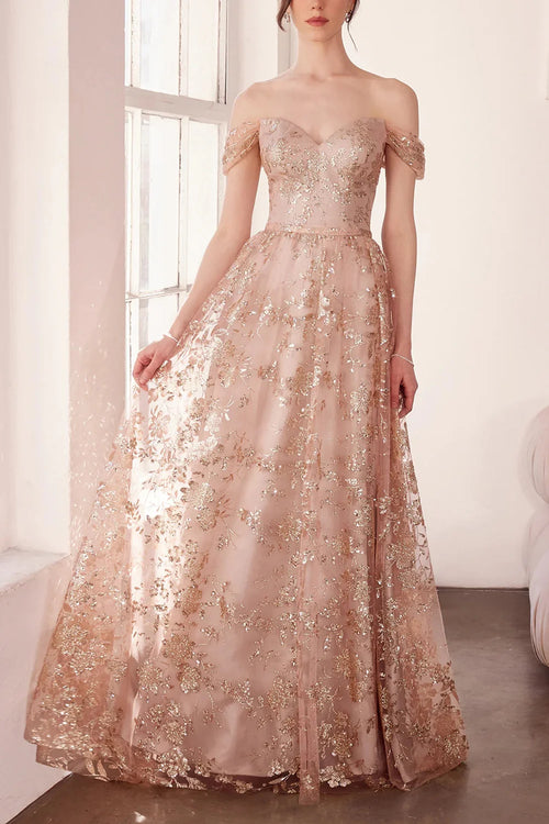 Alienor Taupe | Glittery Off the Shoulder Mesh Maxi Dress