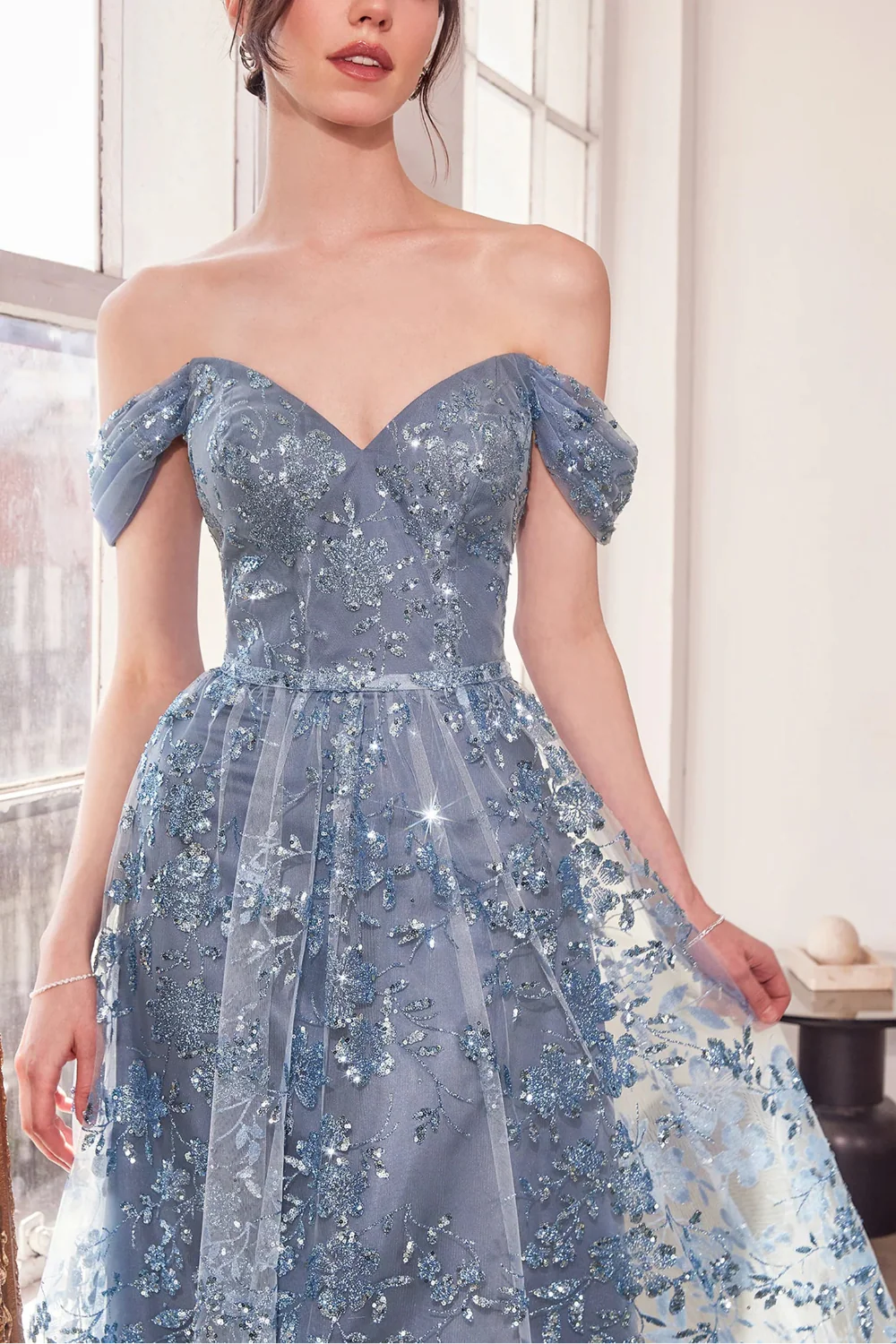 Alienor Blue Grey | Glittery Off the Shoulder Mesh Maxi Dress