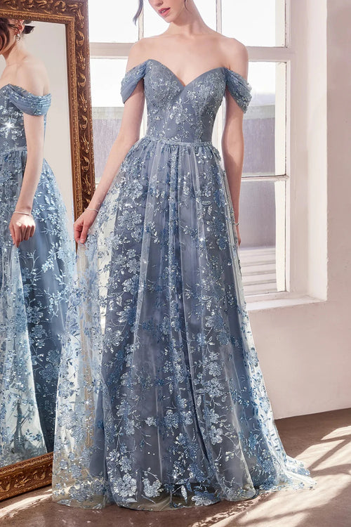 Alienor Blue Grey | Glittery Off the Shoulder Mesh Maxi Dress