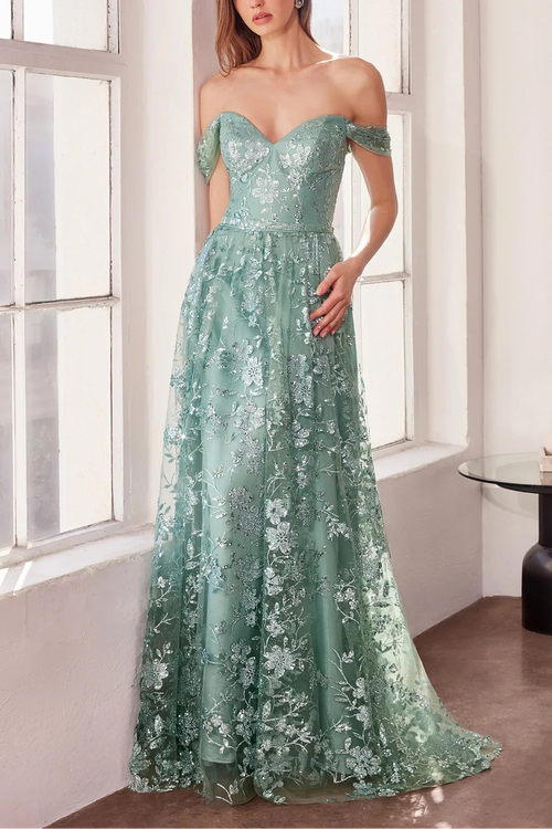 Alienor Teal | Glittery Off the Shoulder Mesh Maxi Dress