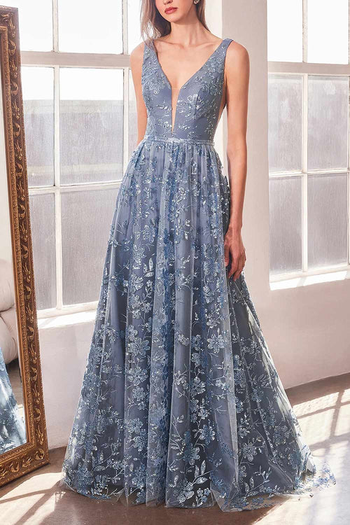 Alix Blue Grey | Glittery V-Neck Maxi Dress