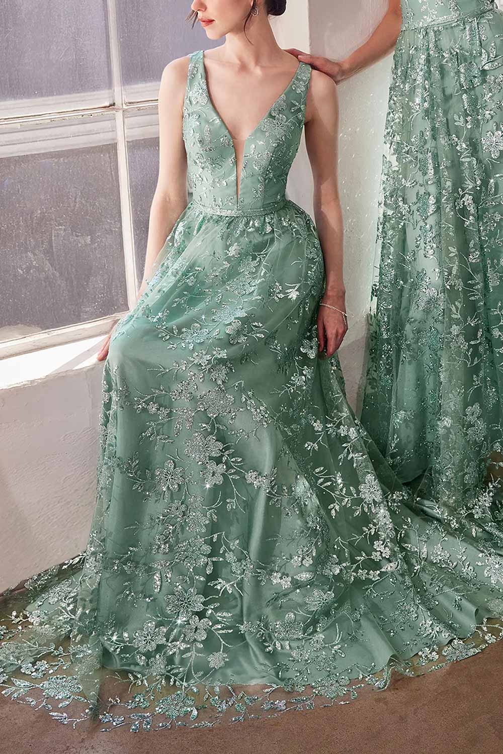 Alix Teal | Glittery V-Neck Maxi Dress