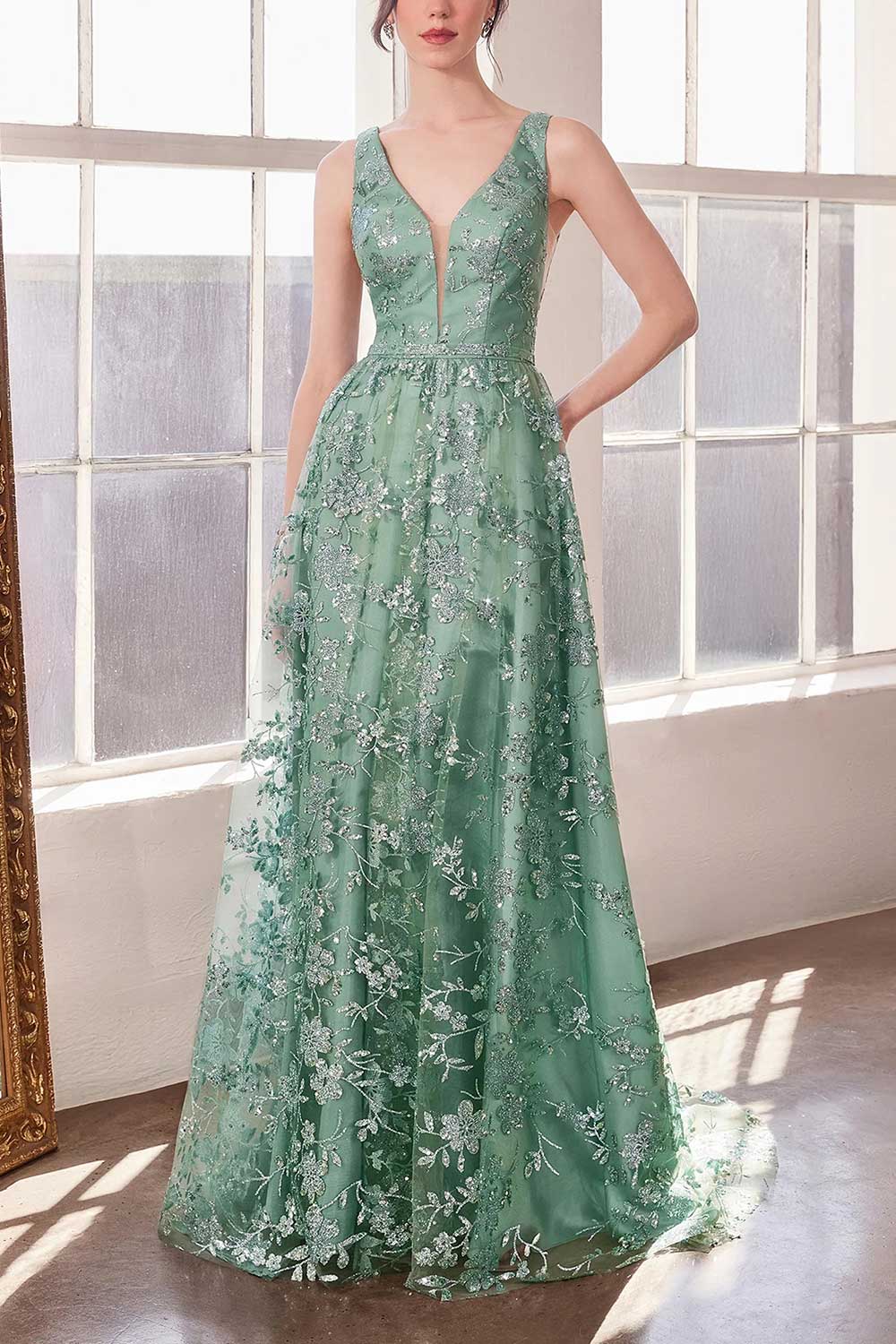 Alix Teal | Glittery V-Neck Maxi Dress