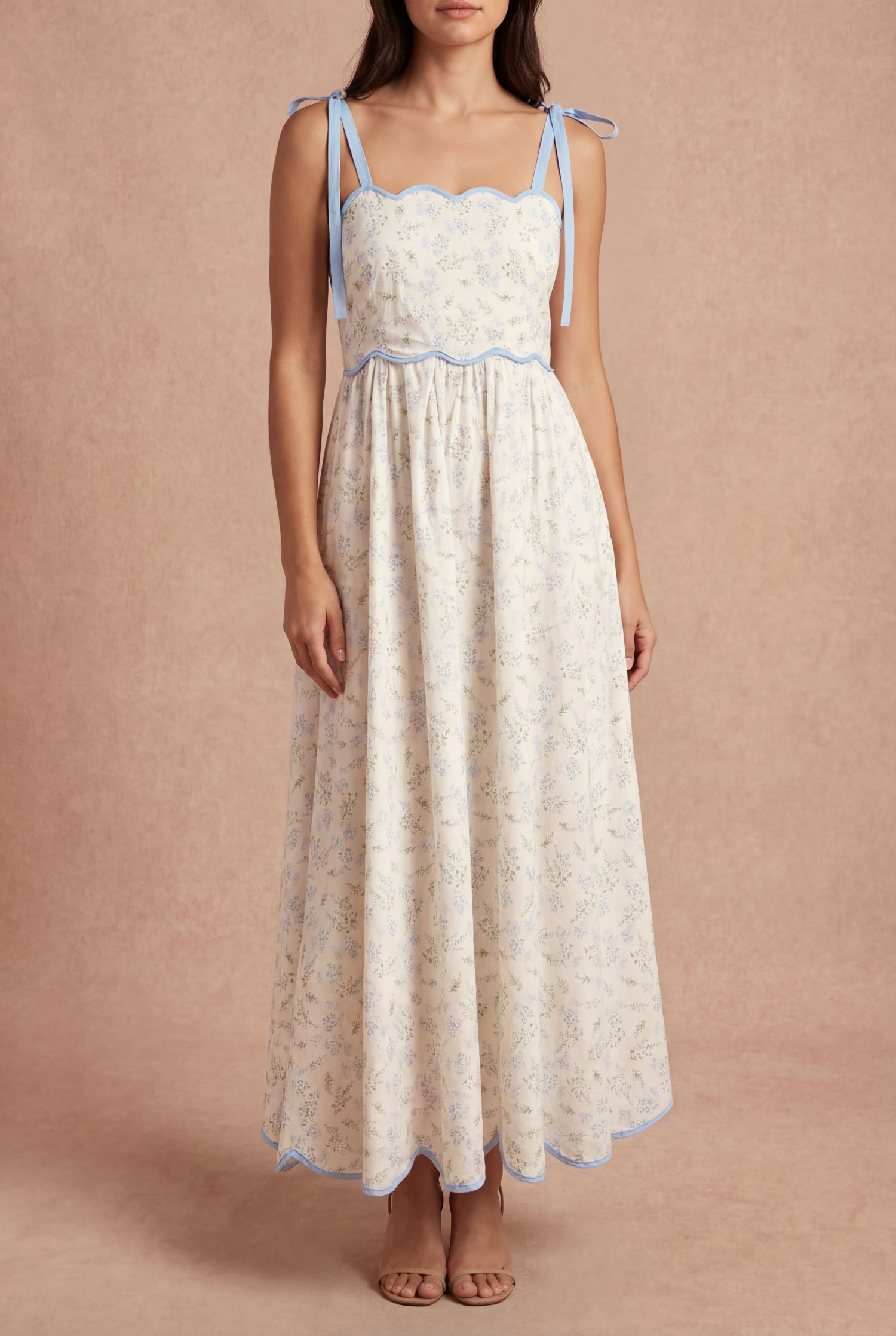 Ahrya Blue | Floral Midi Dress with Bow Straps and Scallop Hem