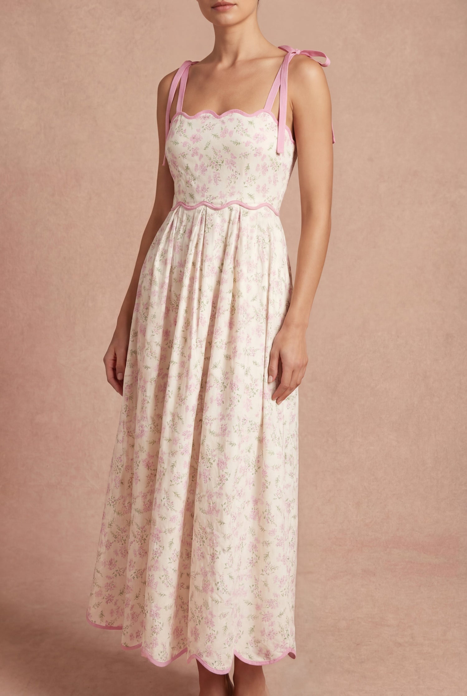 Ahrya Pink | Floral Midi Dress with Bow Straps and Scallop Hem