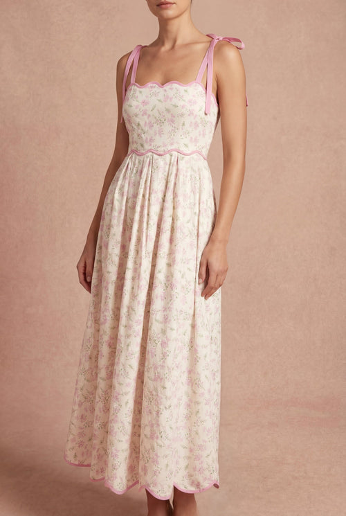 Ahrya Pink | Floral Midi Dress with Bow Straps and Scallop Hem