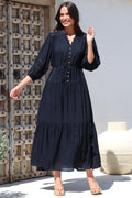 Alexander Maxi Dress - Mandarin Collar Tiered Dress with 3/4 Hollow Out Detailed Sleeves in Navy