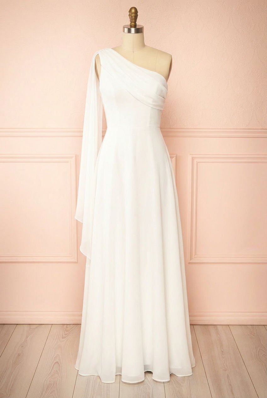 Alexandria | One-Shoulder White Maxi Wedding Dress with Cape Sleeve