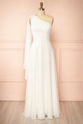 Alexandria | One-Shoulder White Maxi Wedding Dress with Cape Sleeve