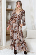 Ali Maxi Dress - V Neck Pull Tie Waist Tiered Dress in Novak Print Chocolate