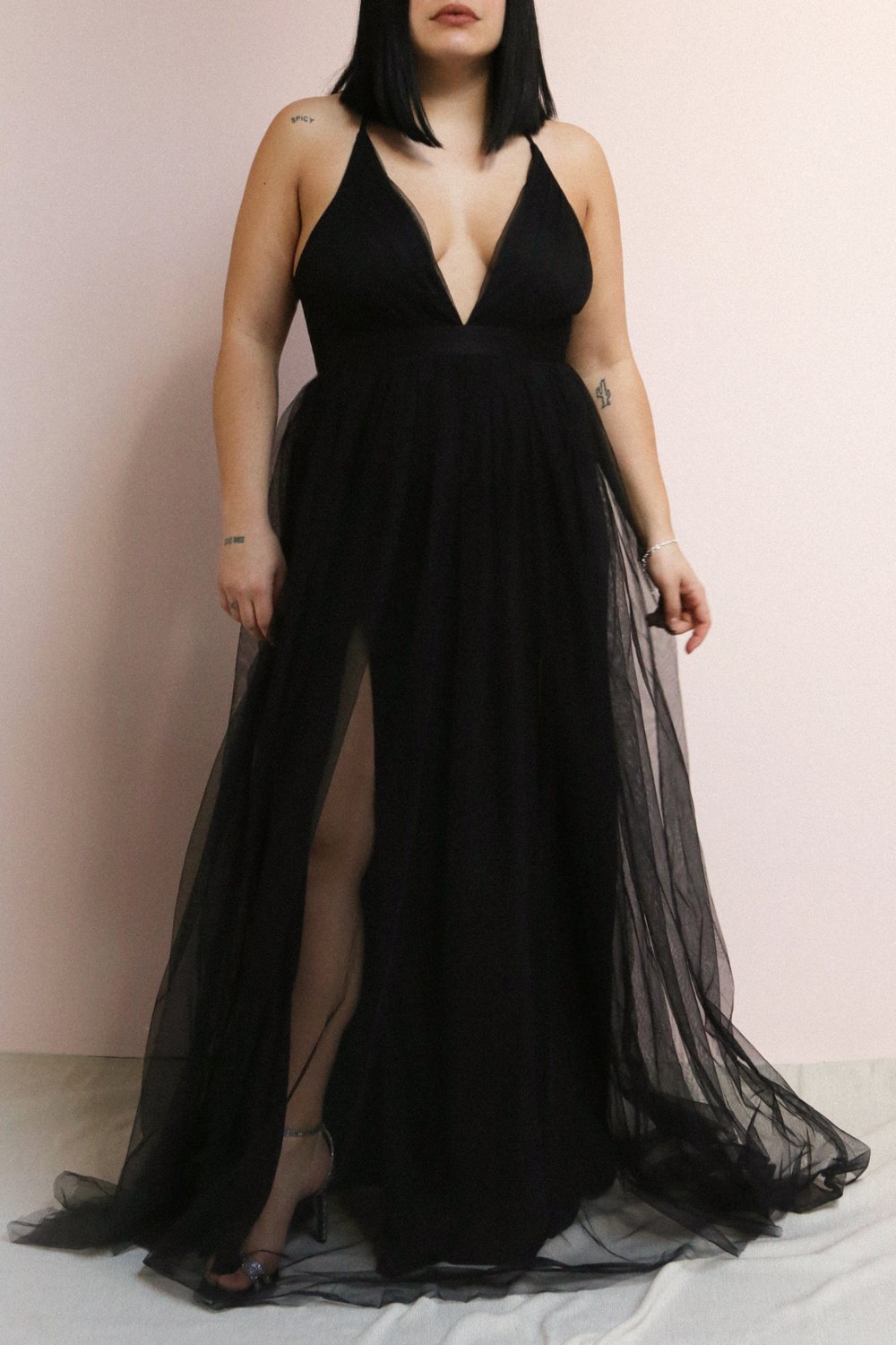 Aliki Navy | Plunging Neckline Mesh Maxi Dress