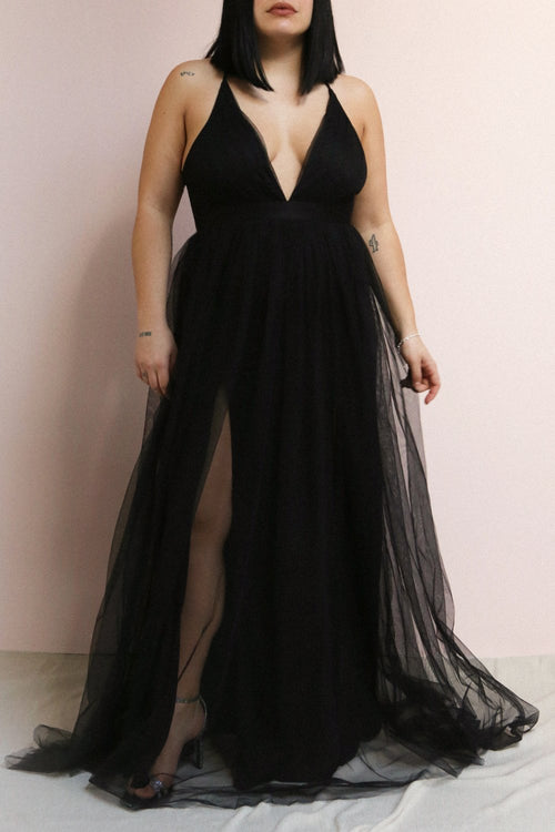 Aliki Navy | Plunging Neckline Mesh Maxi Dress