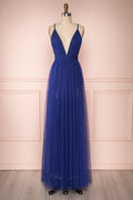 Aliki Navy | Plunging Neckline Mesh Maxi Dress