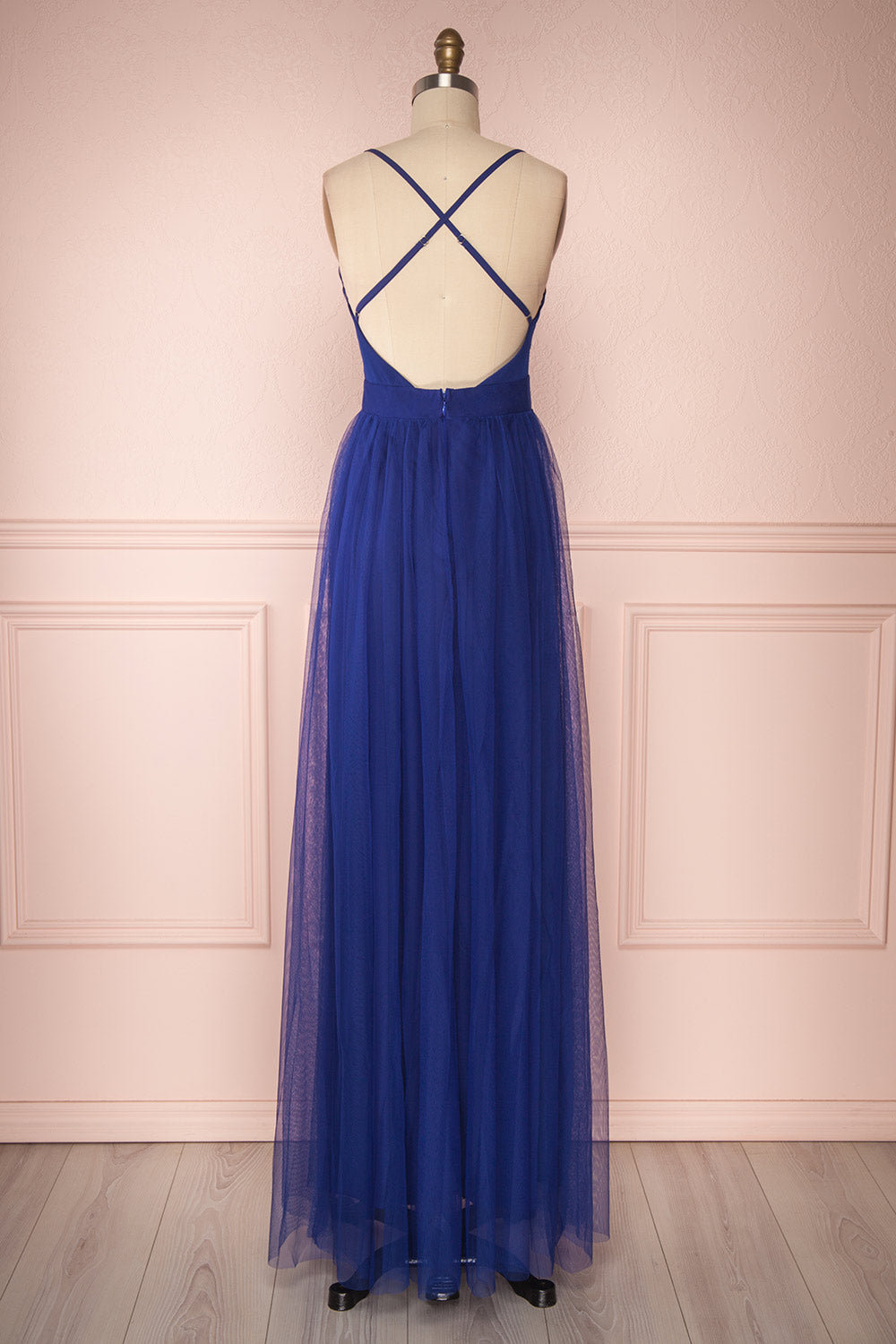 Aliki Navy | Plunging Neckline Mesh Maxi Dress
