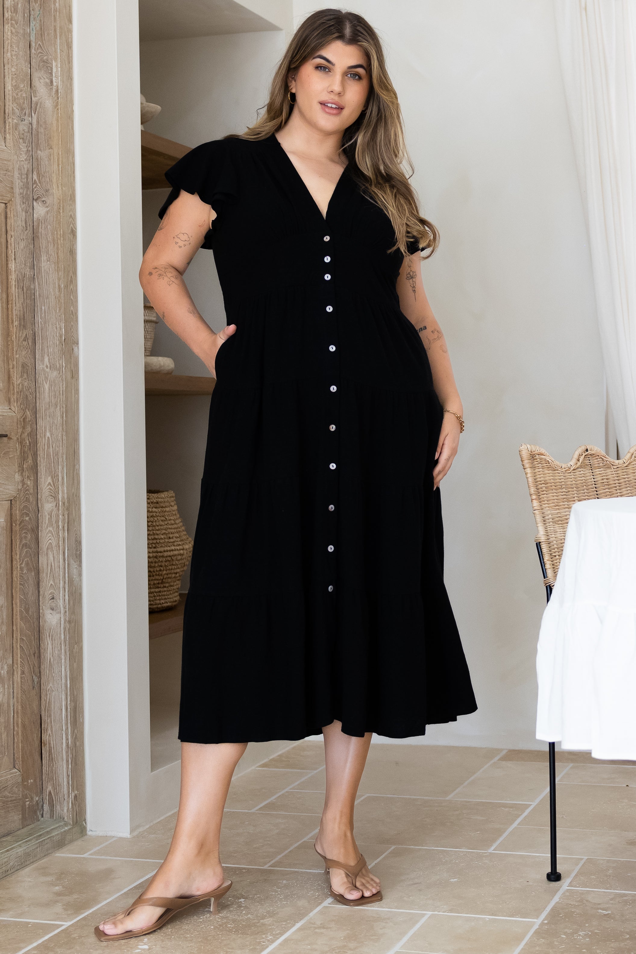 Amy Midi Dress - Flutter Cap Sleeve Buttoned Down V Neck Dress in Black
