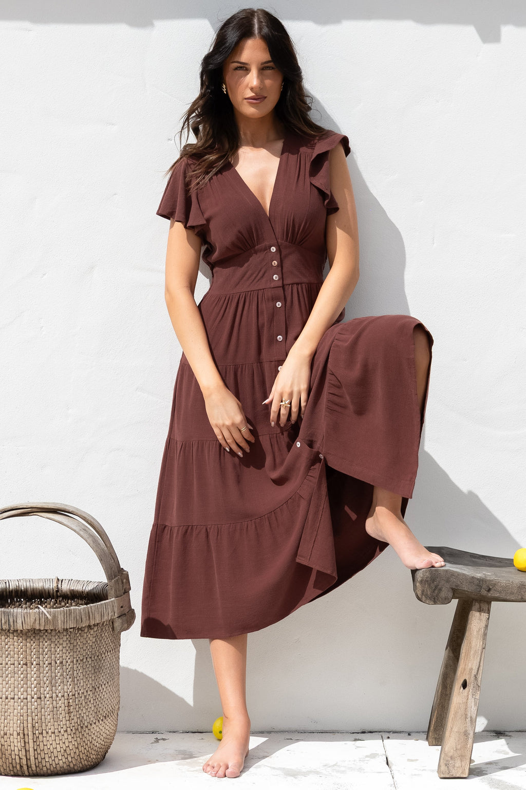 Amy Midi Dress - Flutter Cap Sleeve Buttoned Down V Neck Dress in Chocolate