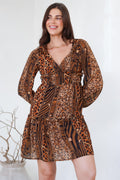 Arcadia Mini Dress - V-Neck Ruffle Splicing Long Sleeve Dress in Riley Print