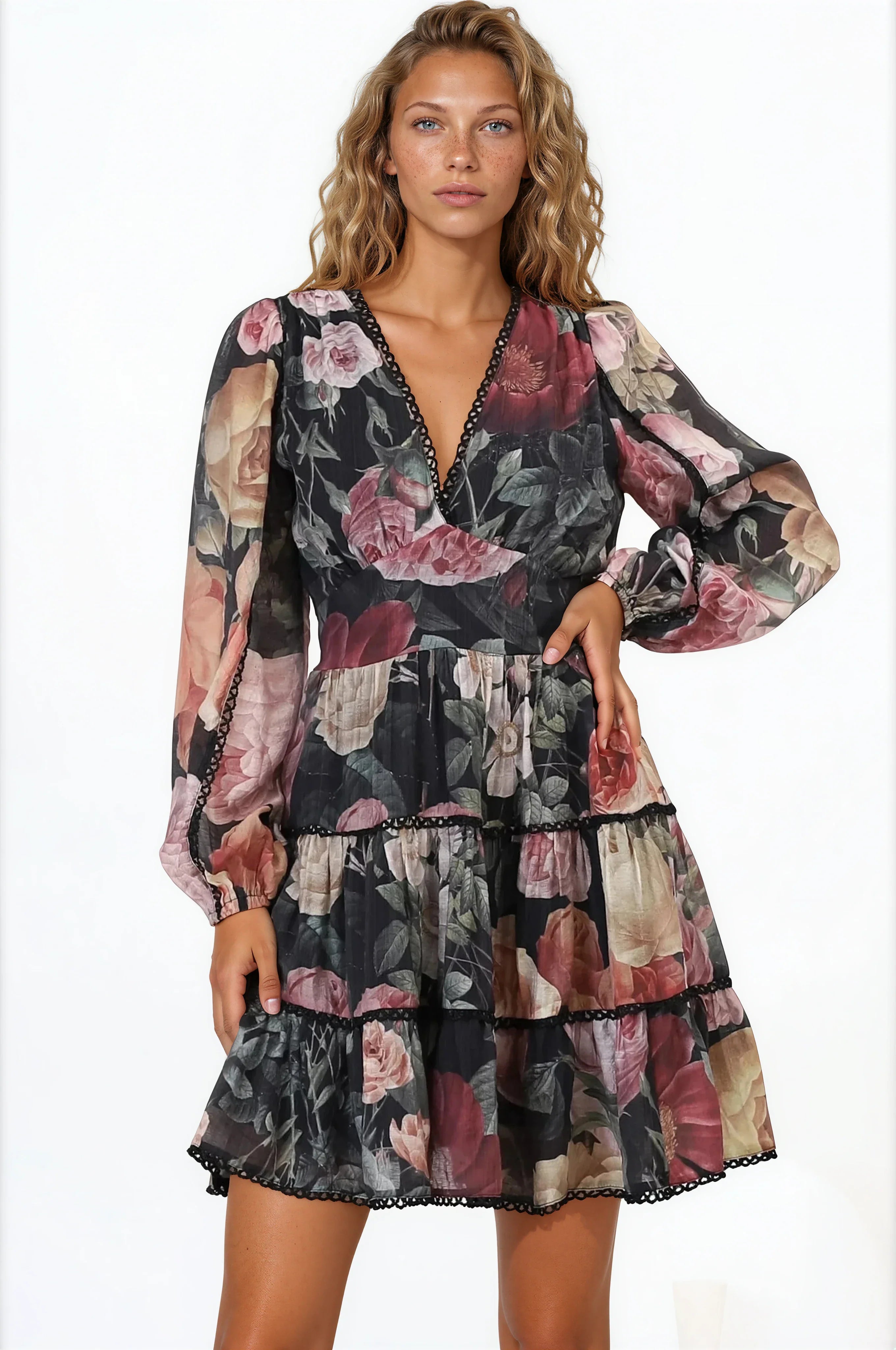 Audrey Mini Dress - Delicately Detailed Tiered A-Line Dress in Bortie Print Black