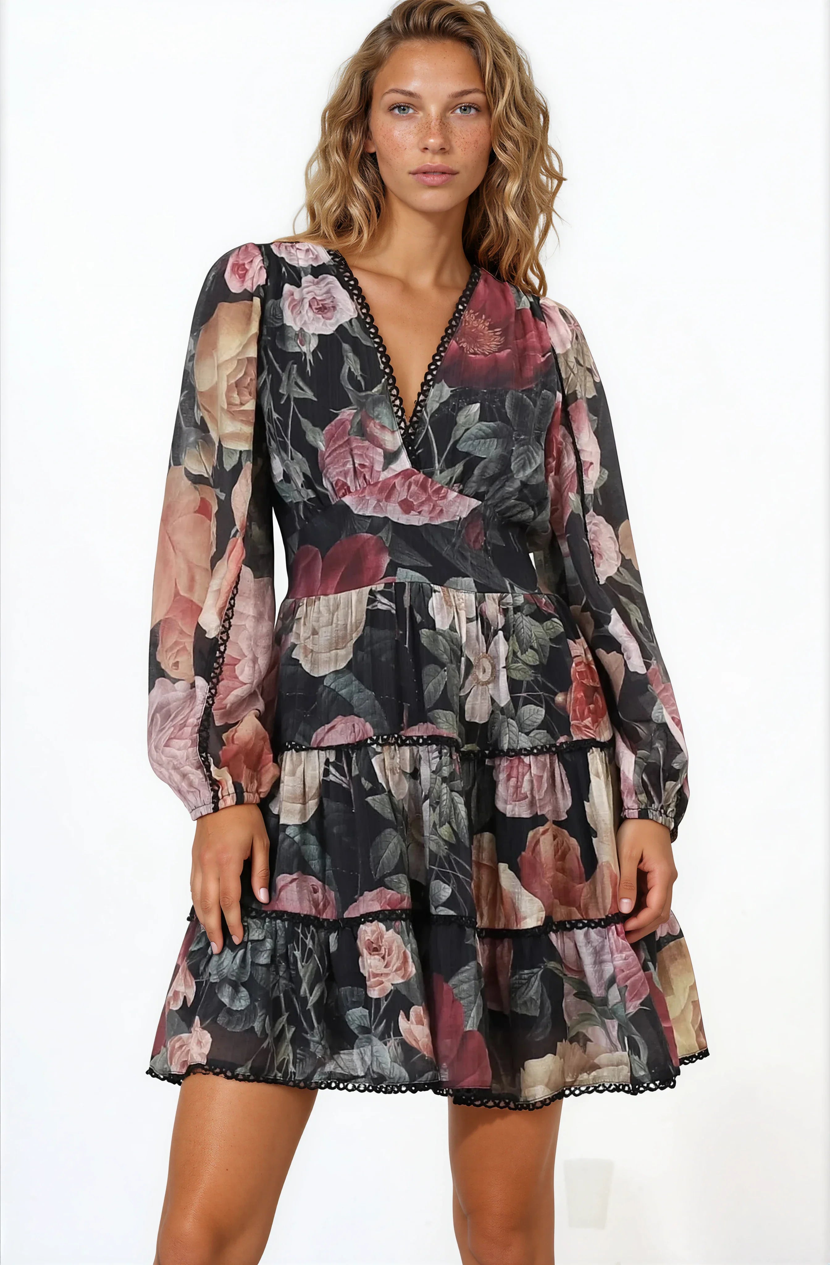 Audrey Mini Dress - Delicately Detailed Tiered A-Line Dress in Bortie Print Black
