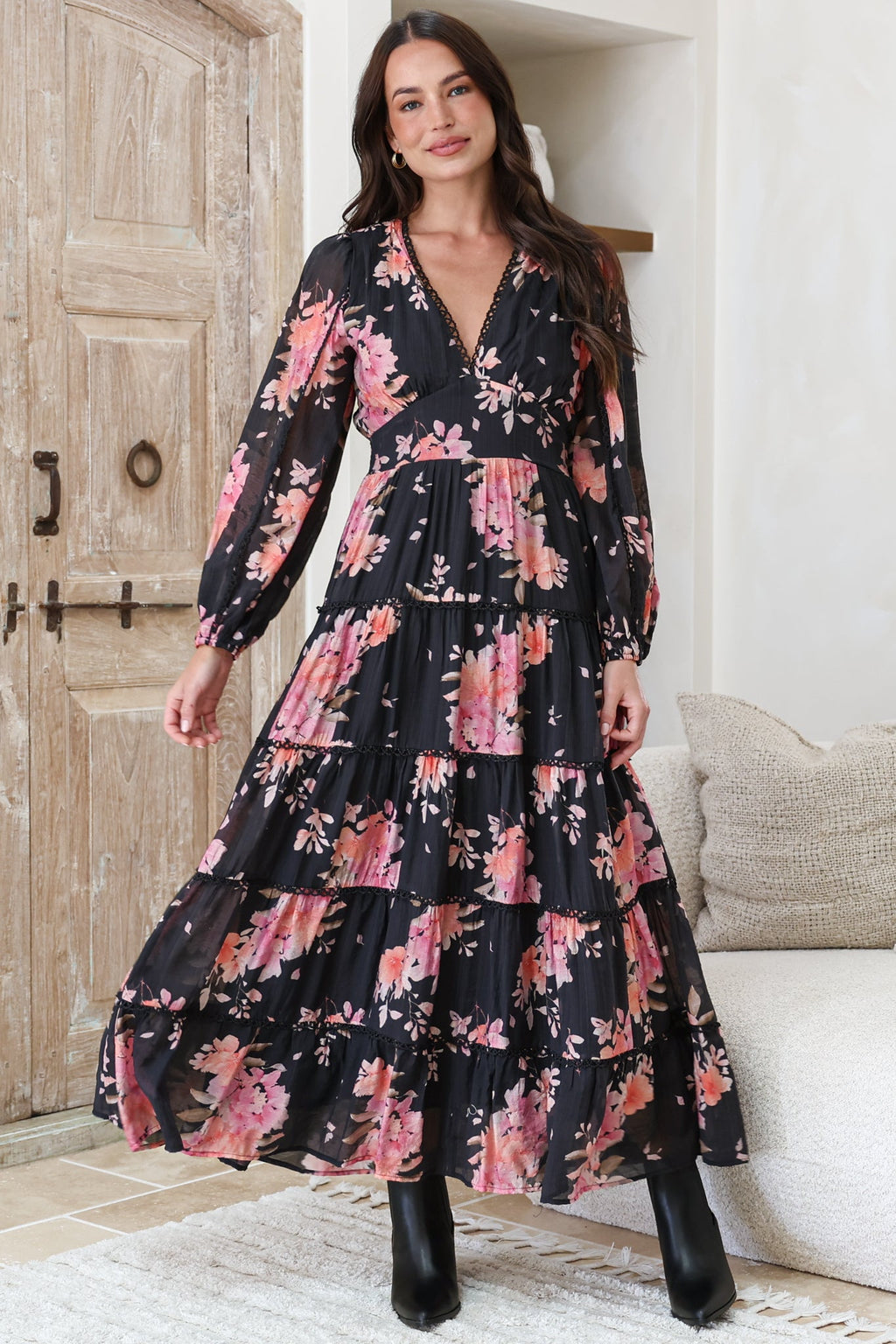 Audrey Maxi Dress - Delicately Detailed Tiered A-Line Dress in Odessa Print